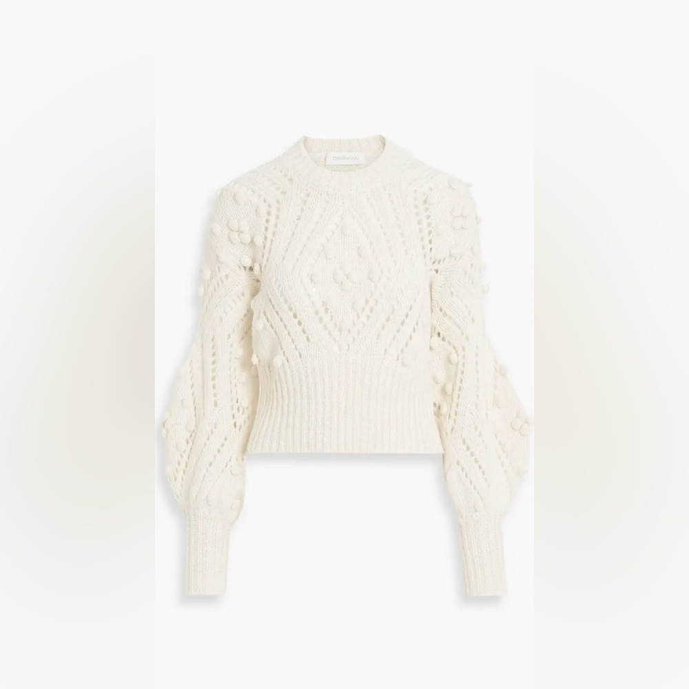 Zimmermann Pompom Embellished Pointelle Knit Pullover Sweater Size 0. White